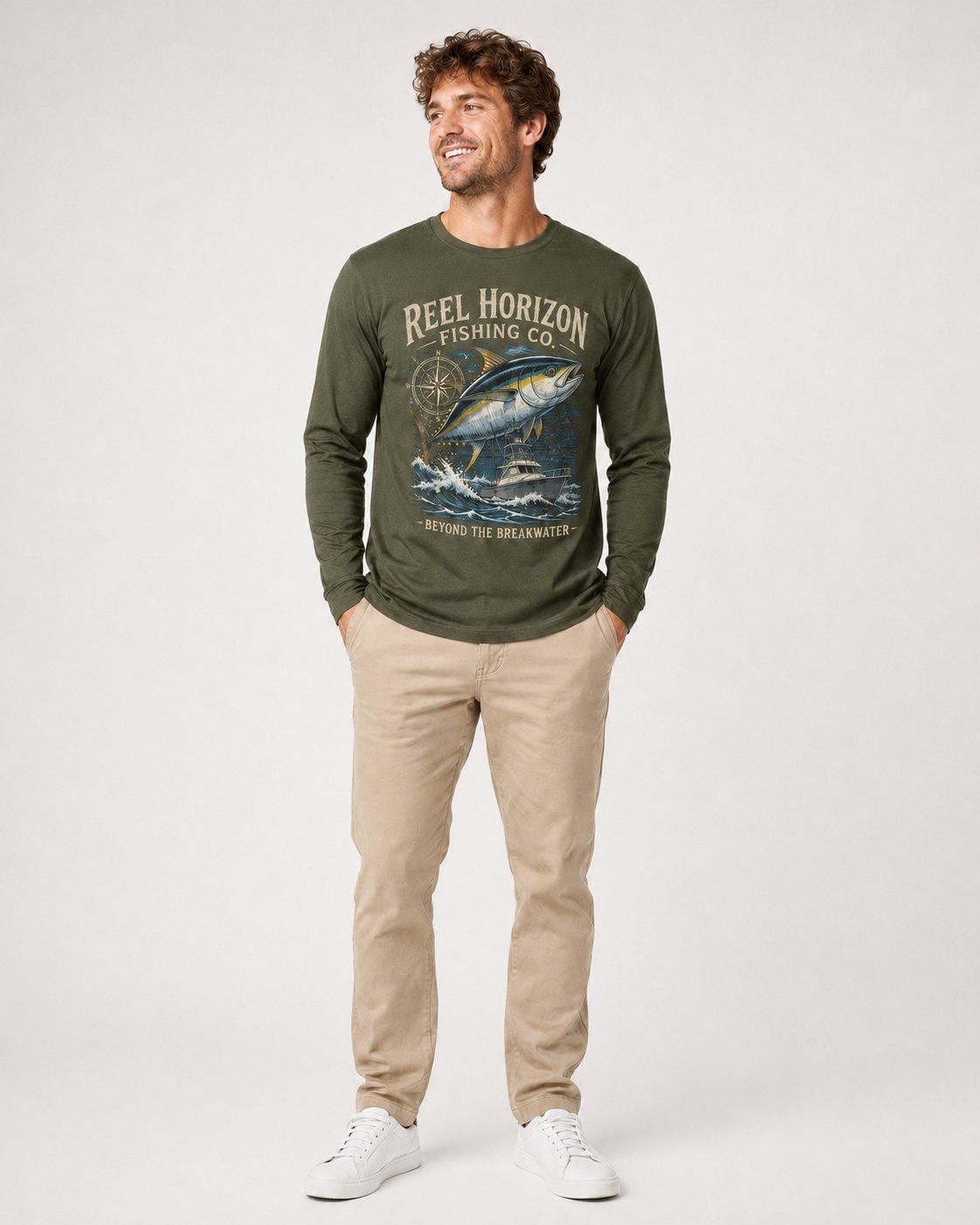 Reel Horizon Fishing Co. Men's Long Sleeve Shirt-Military Green-2