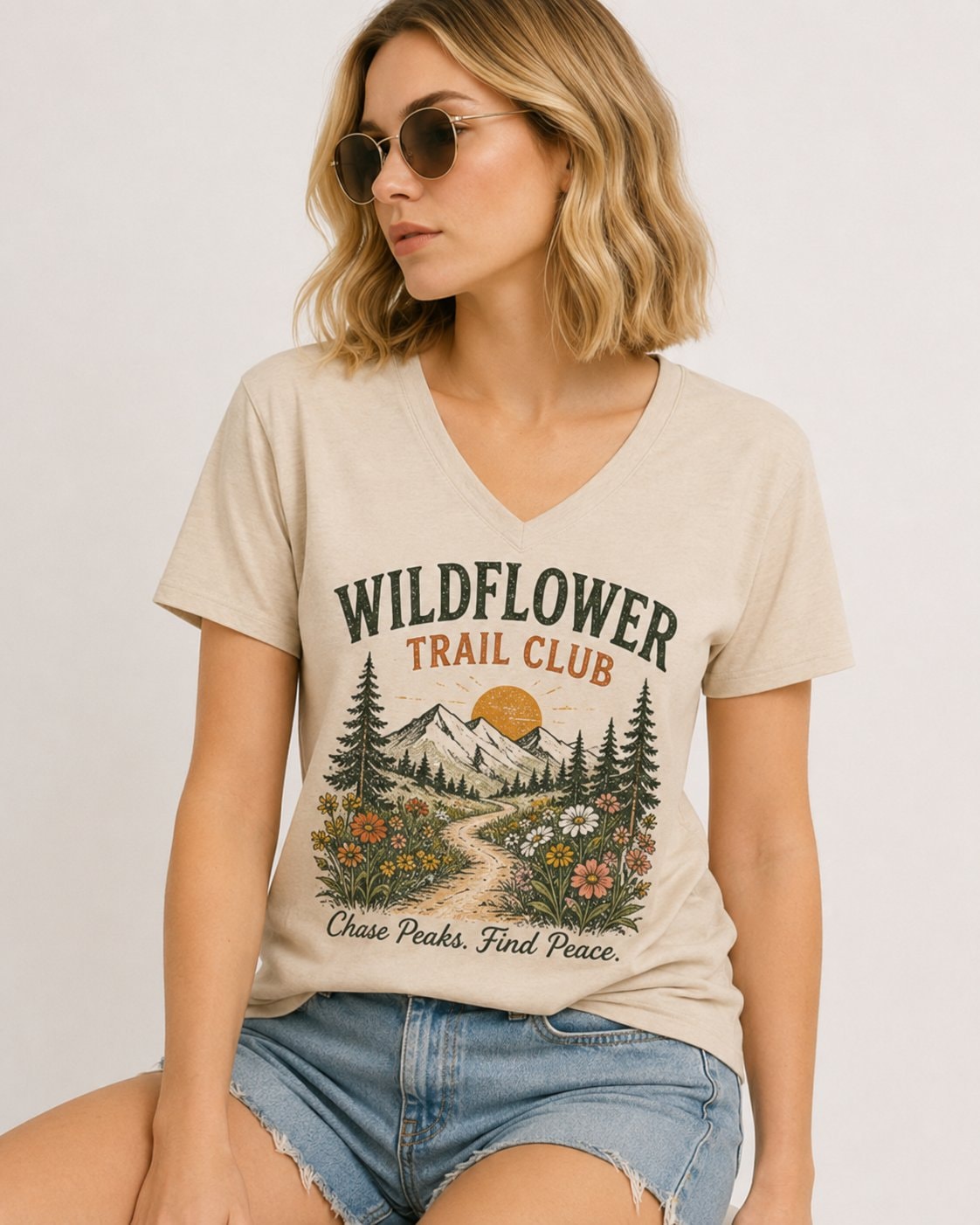 Wildflower Trail Club Women's V-Neck T-Shirt-Sand-1