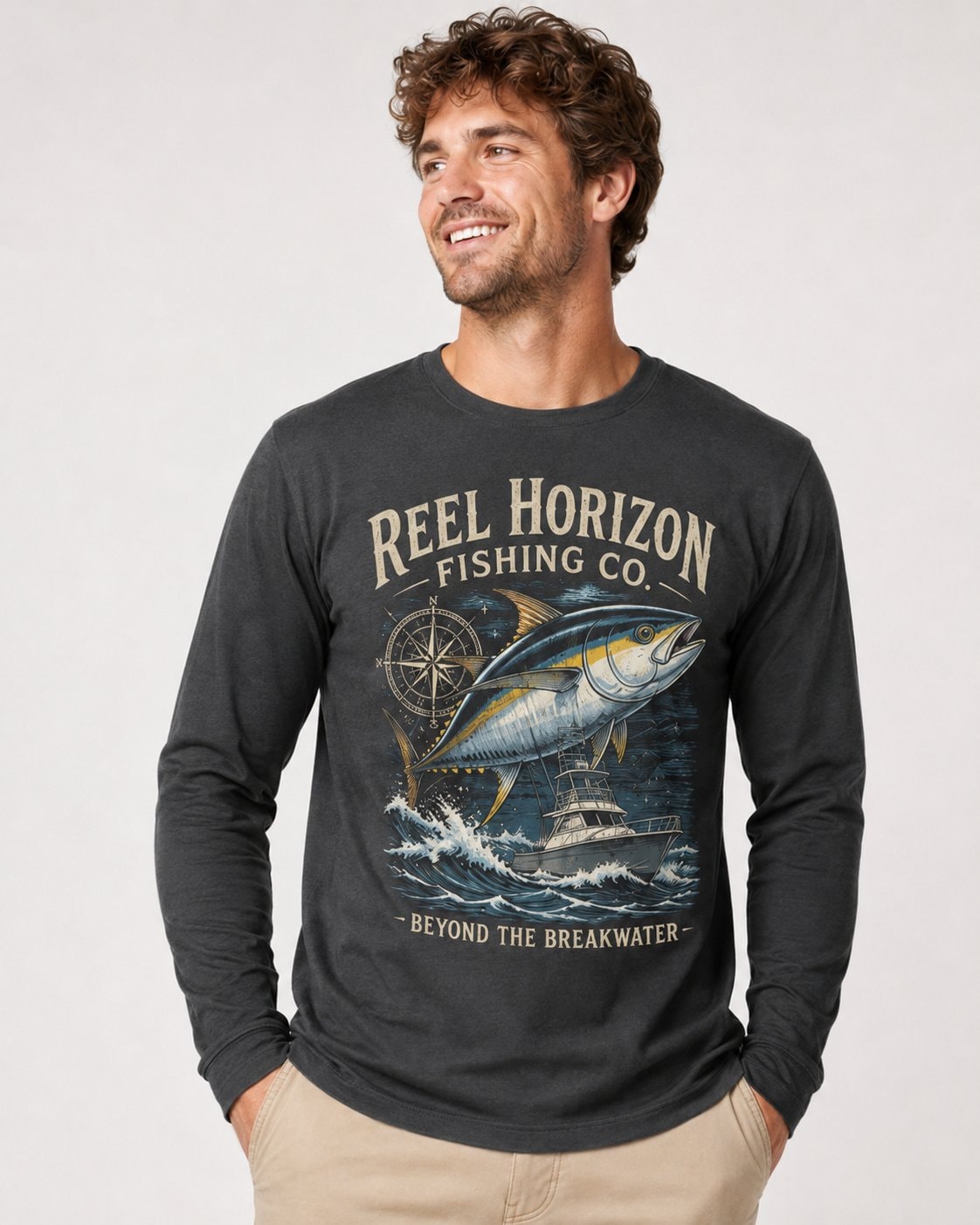 Reel Horizon Fishing Co. Men's Long Sleeve Shirt-Charcoal-2