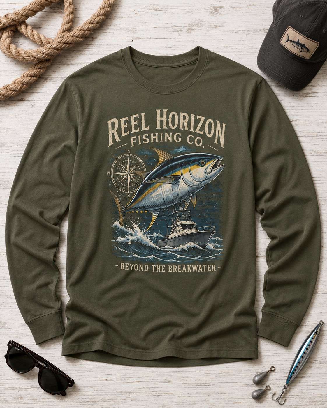 Reel Horizon Fishing Co. Men's Long Sleeve Shirt-Military Green-4