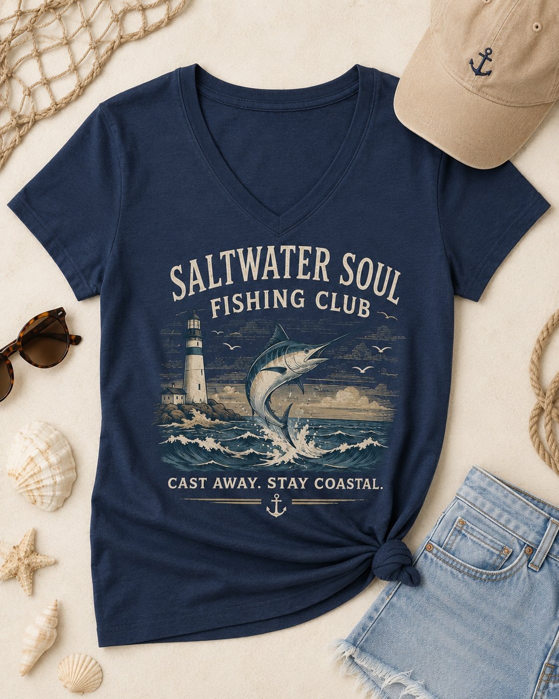 Saltwater Soul Fishing Club Women's V-Neck T-Shirt-Navy-4