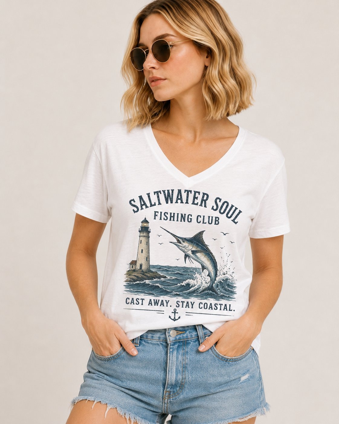 Saltwater Soul Fishing Club Women's V-Neck T-Shirt-White-1