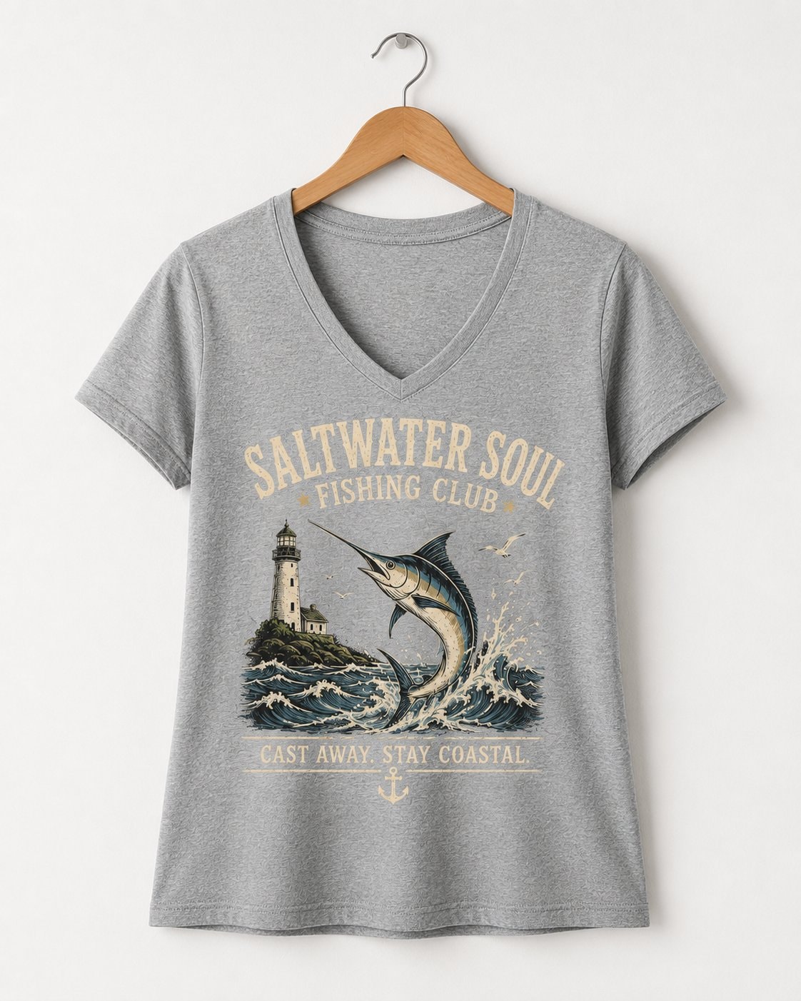 Saltwater Soul Fishing Club Women's V-Neck T-Shirt-Heather Grey-3