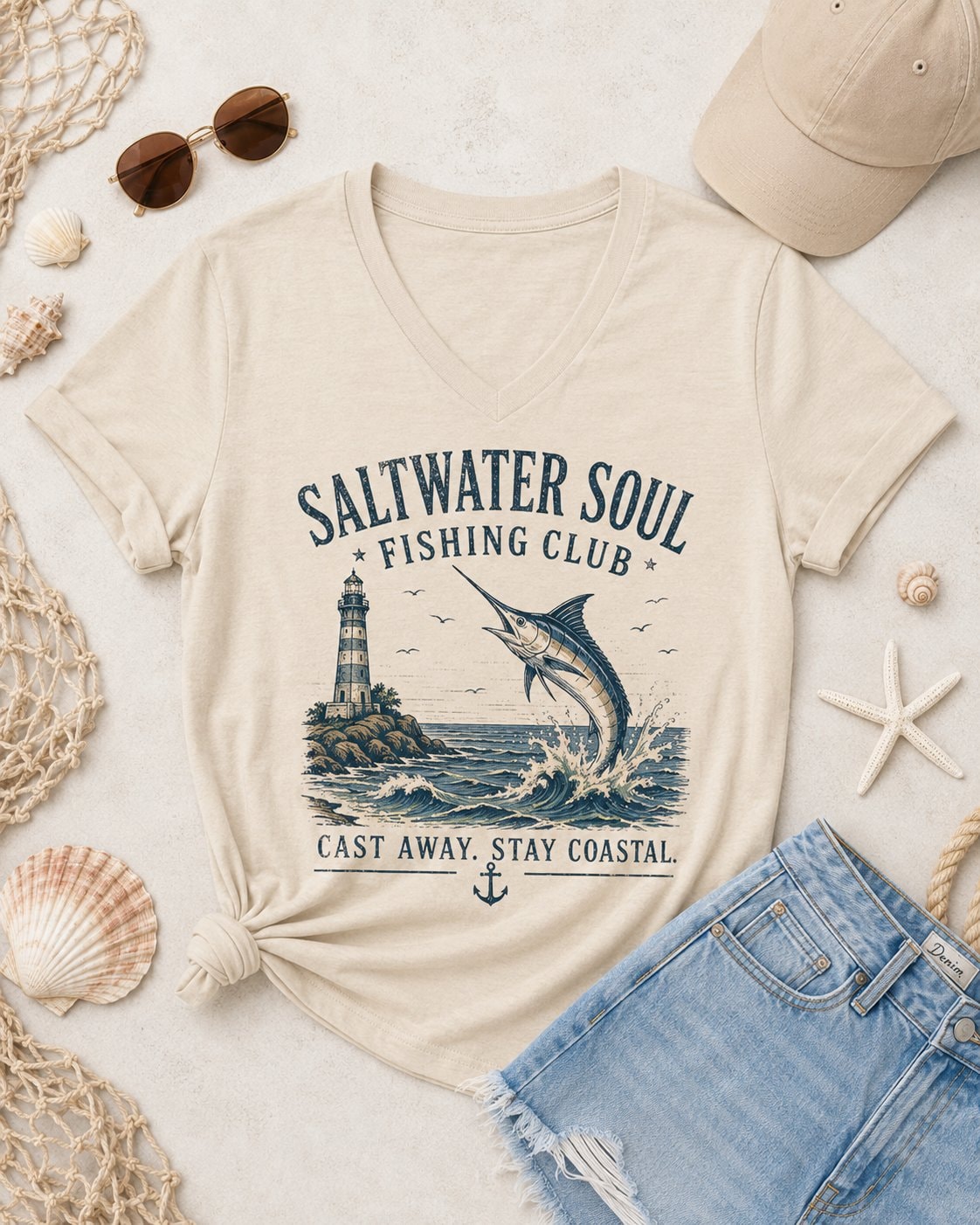 Saltwater Soul Fishing Club Women's V-Neck T-Shirt-Sand-4