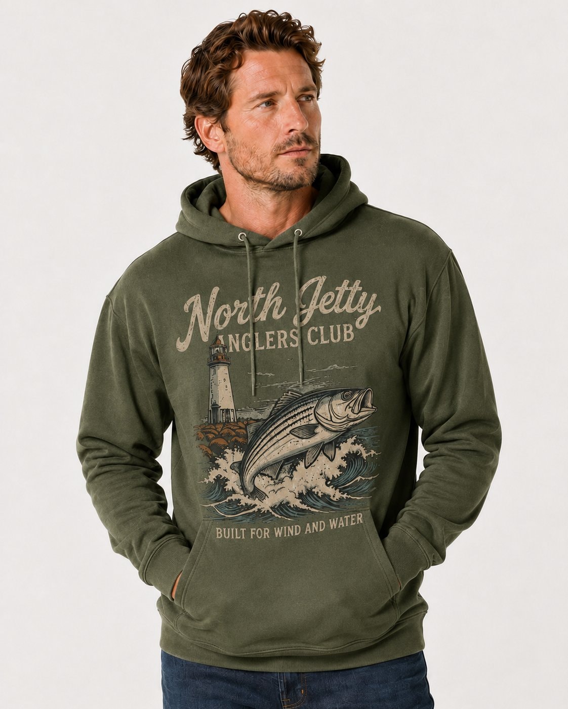 North Jetty Anglers Club Men's Hoodie-Military Green-3