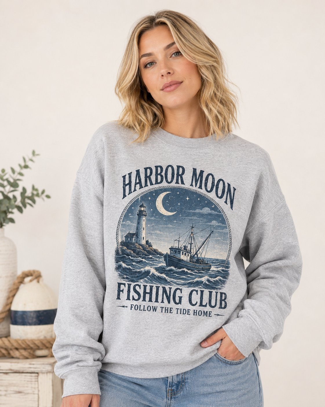 Harbor Moon Fishing Club Women's Sweatshirt-Heather Grey-1