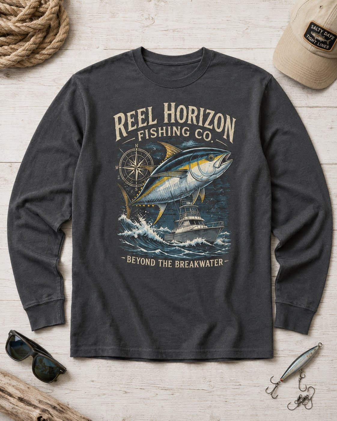 Reel Horizon Fishing Co. Men's Long Sleeve Shirt-Charcoal-4