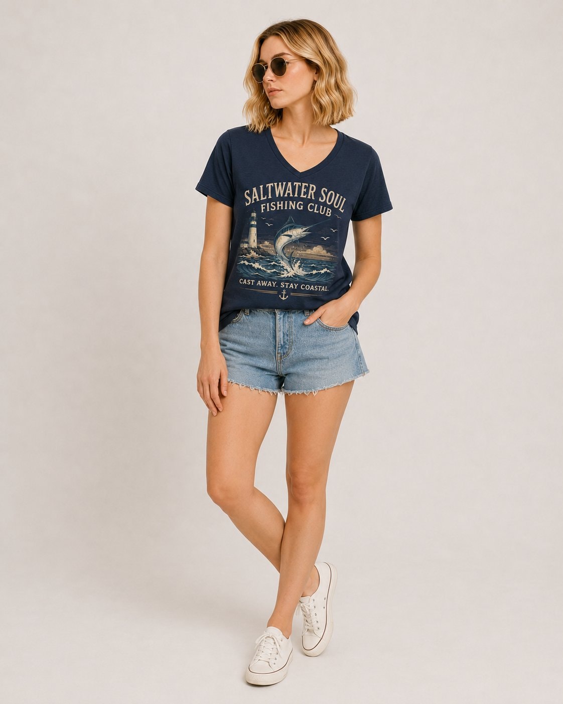 Saltwater Soul Fishing Club Women's V-Neck T-Shirt-Navy-2