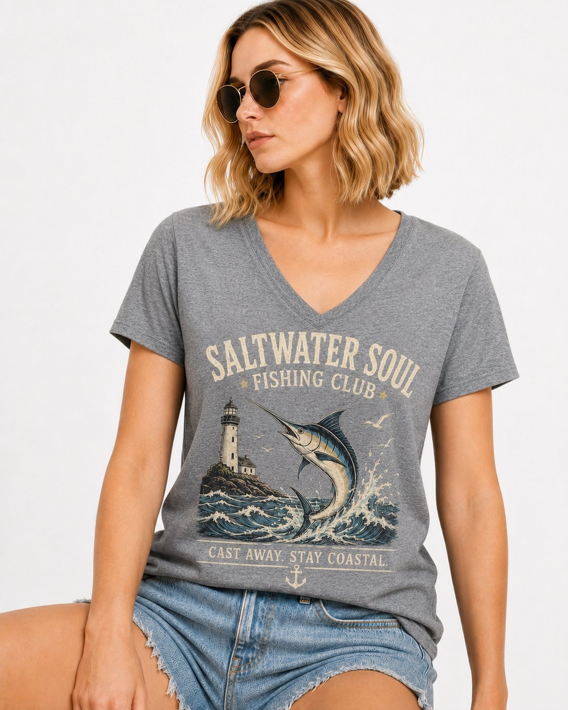 Saltwater Soul Fishing Club Women's V-Neck T-Shirt-Heather Grey-1
