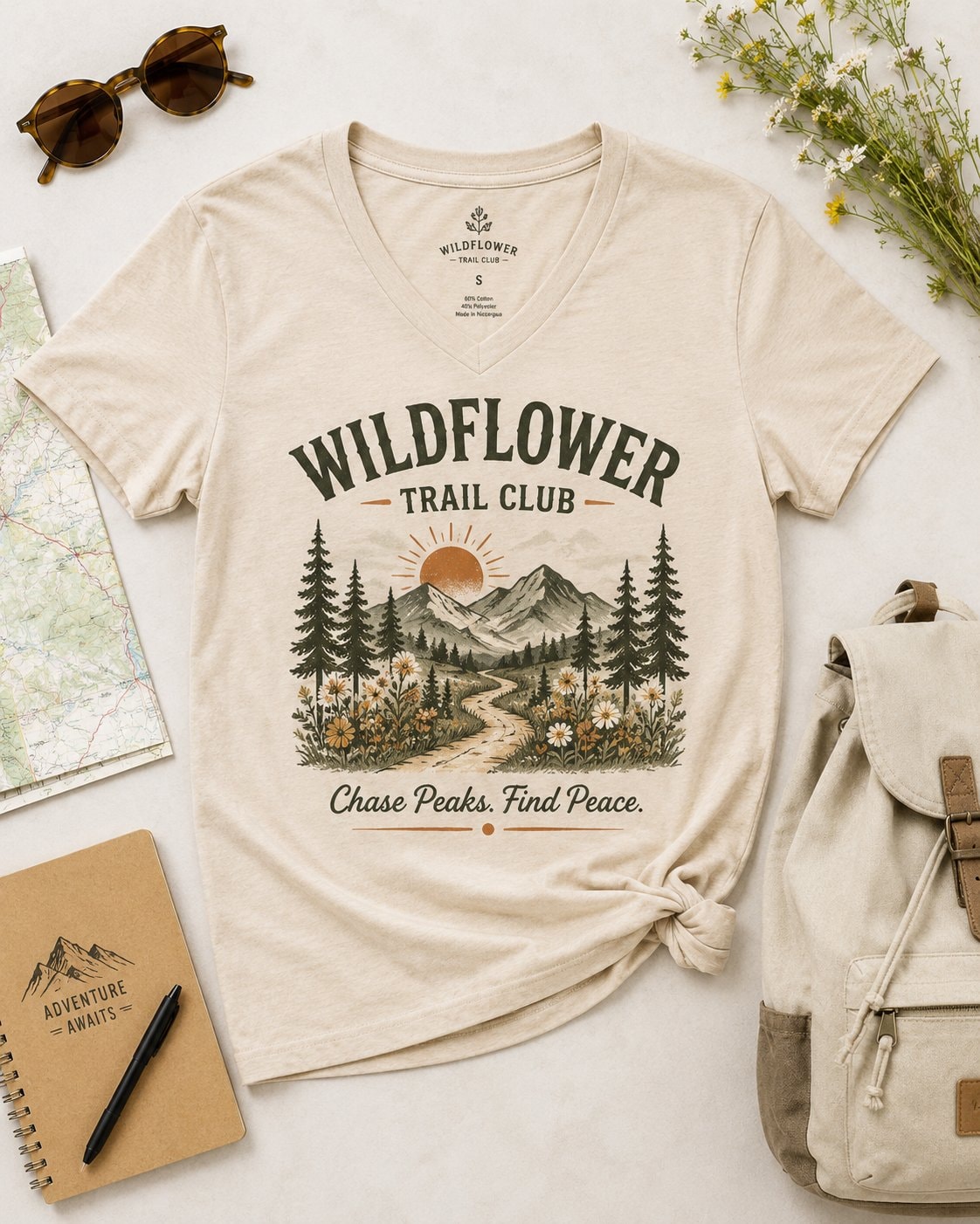 Wildflower Trail Club Women's V-Neck T-Shirt-Sand-4