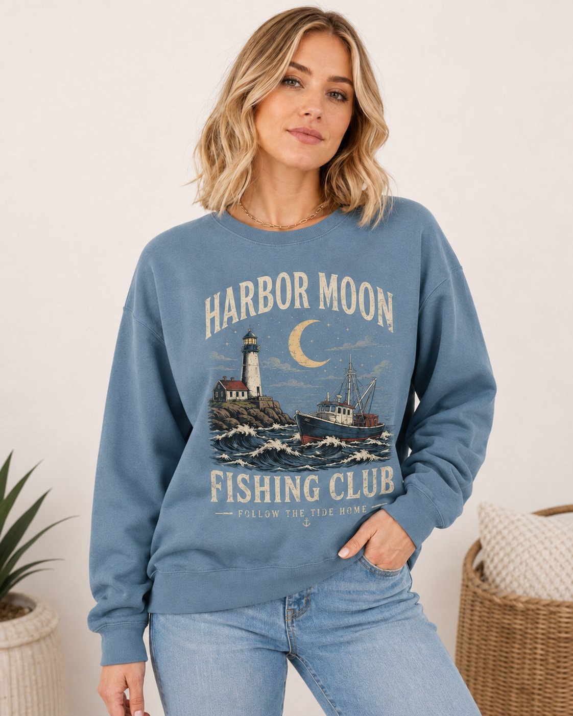 Harbor Moon Fishing Club Women's Sweatshirt-Dusty Blue-1