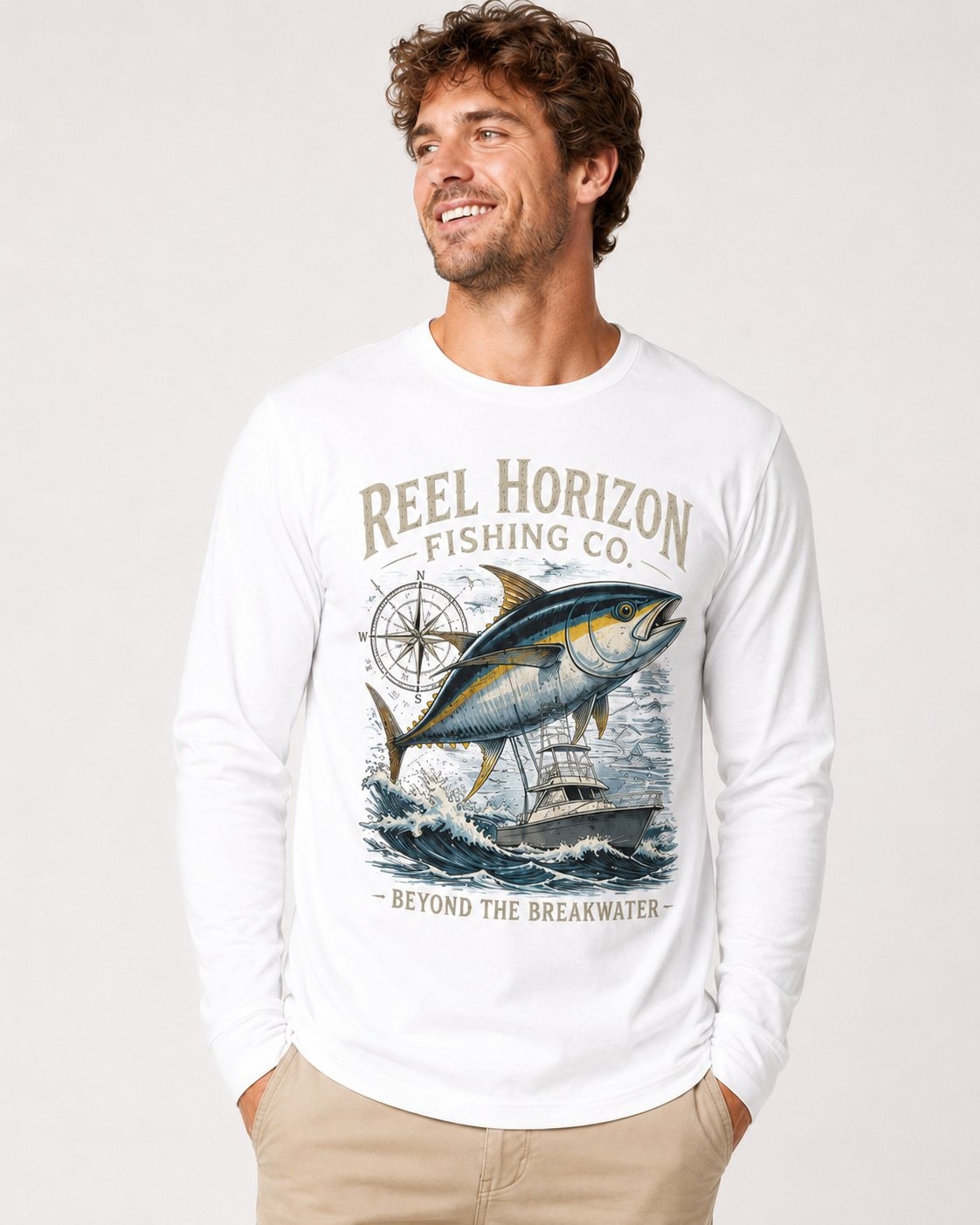 Reel Horizon Fishing Co. Men's Long Sleeve Shirt-White-1