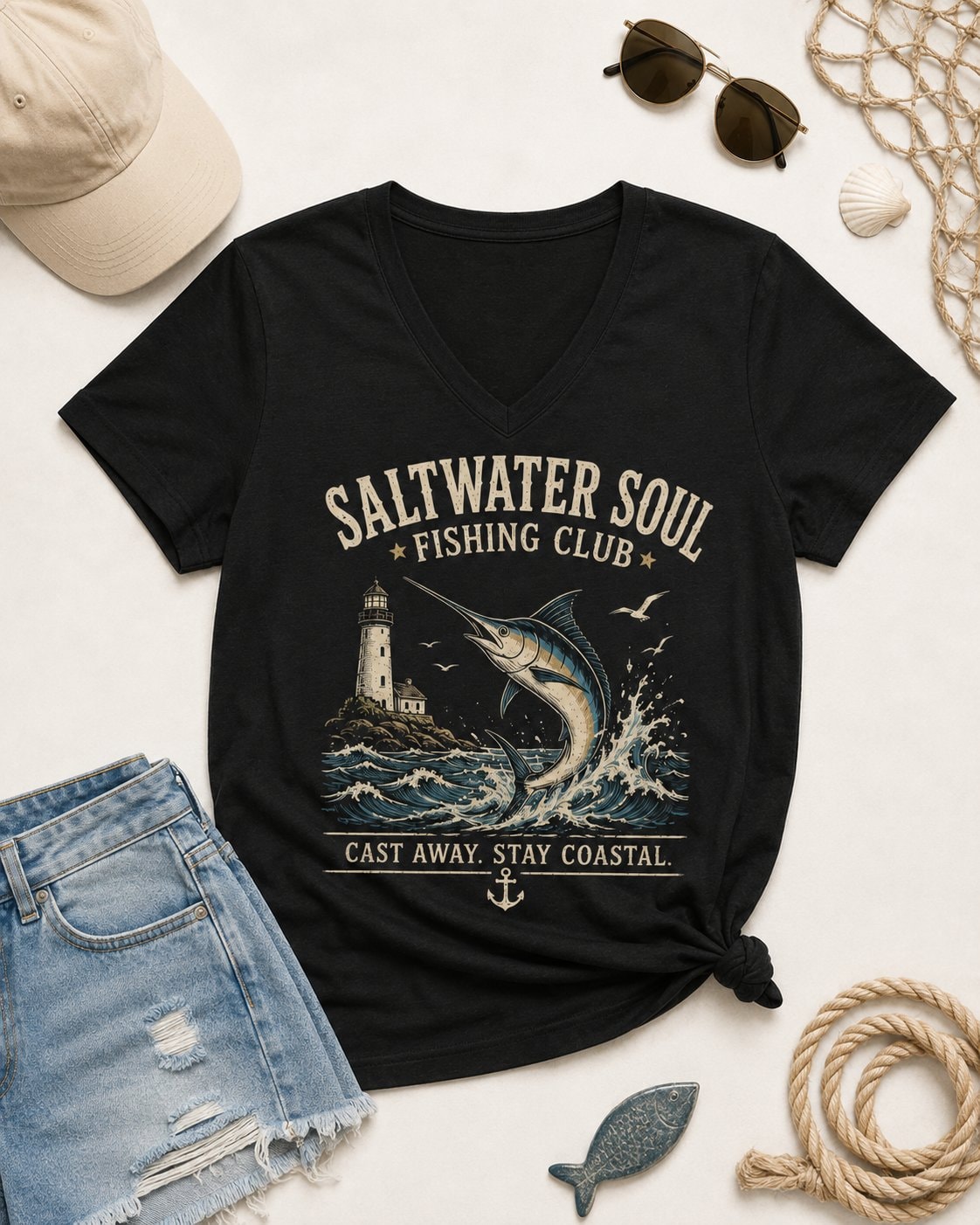 Saltwater Soul Fishing Club Women's V-Neck T-Shirt-Black-4