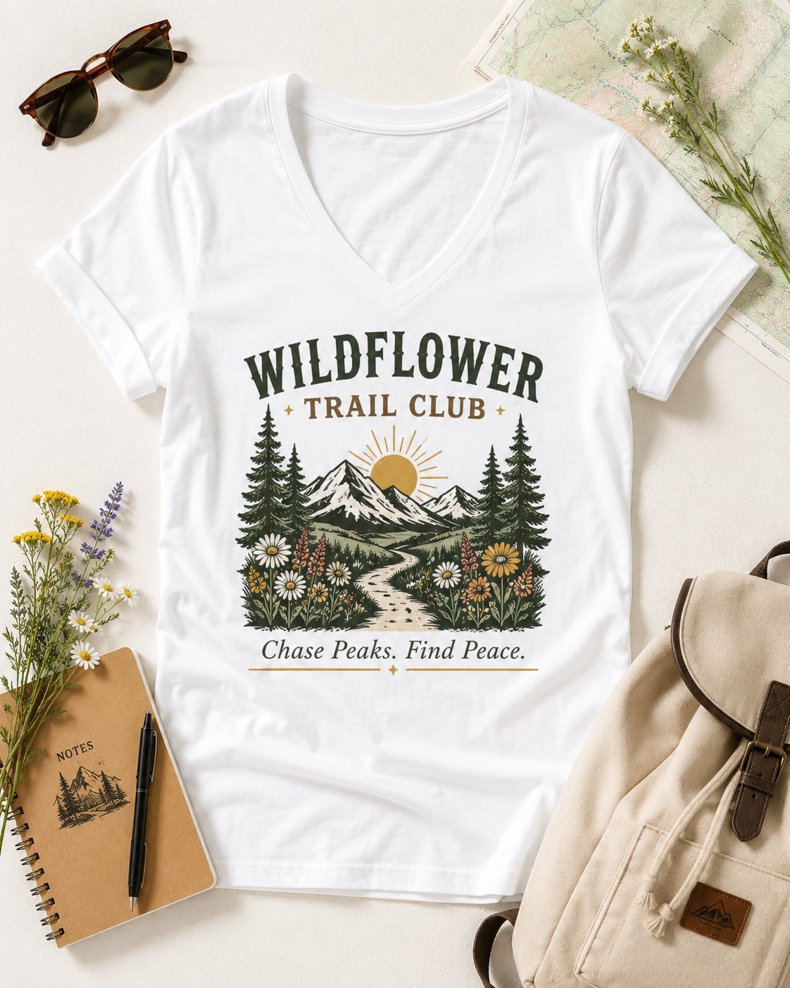 Wildflower Trail Club Women's V-Neck T-Shirt-White-4