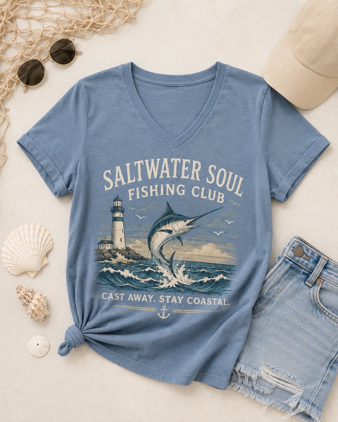Saltwater Soul Fishing Club Women's V-Neck T-Shirt-Dusty Blue-4