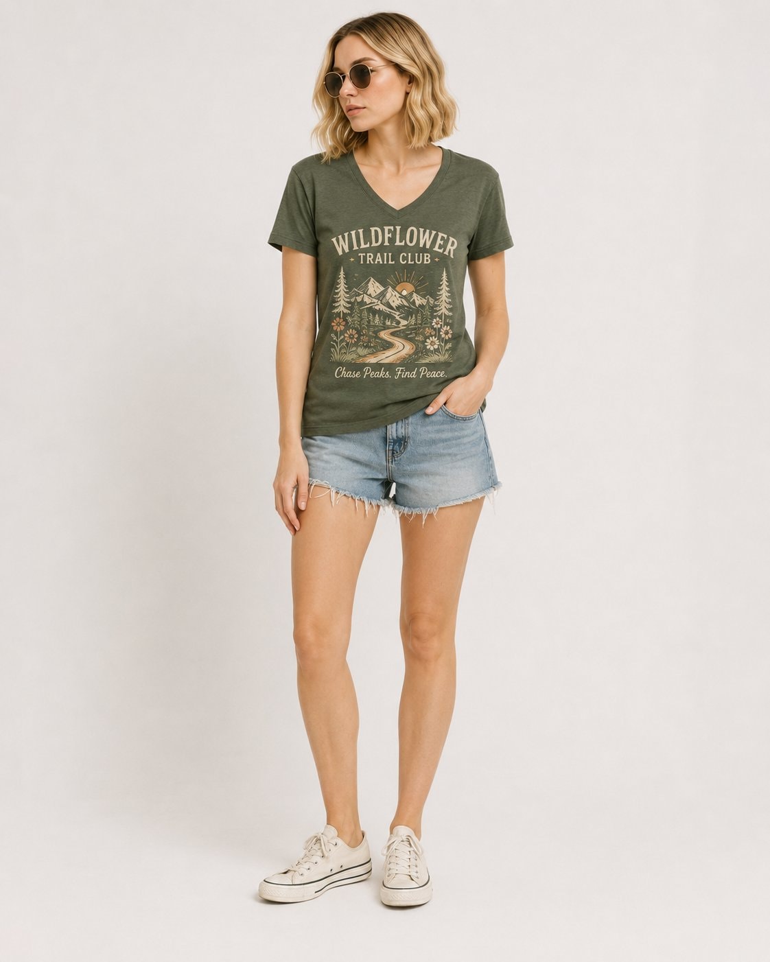Wildflower Trail Club Women's V-Neck T-Shirt-Military Green-2