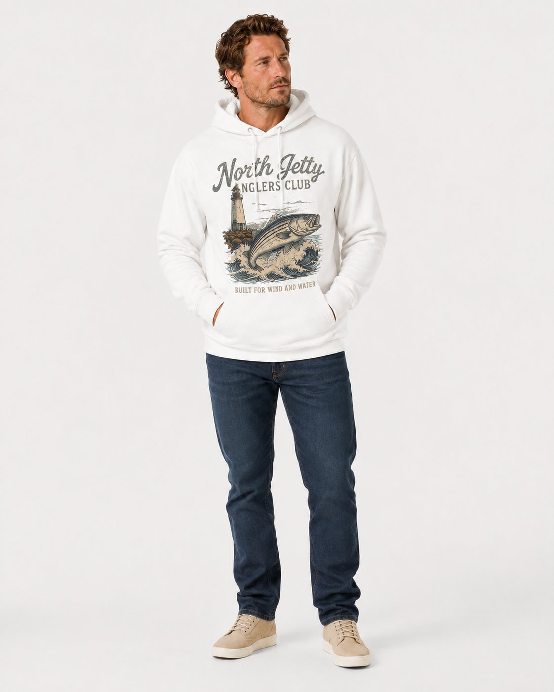 North Jetty Anglers Club Men's Hoodie-White-1