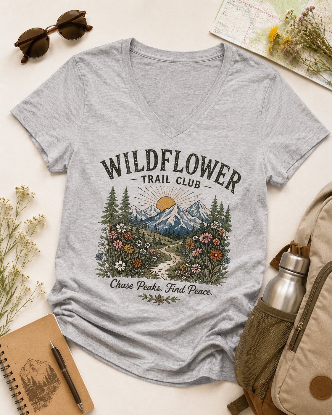 Wildflower Trail Club Women's V-Neck T-Shirt-Heather Grey-4