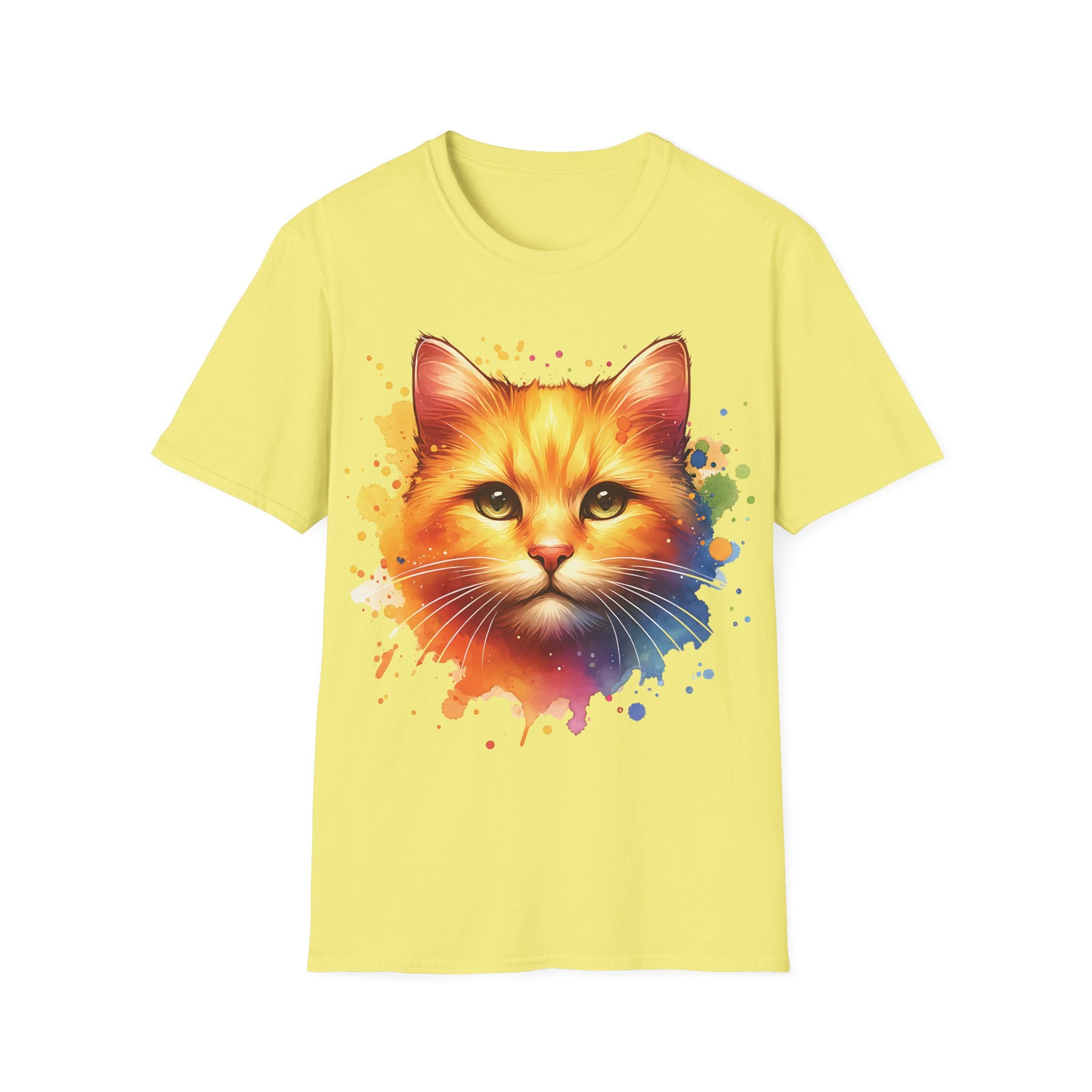 Watercolor Cat Head Cotton T-Shirt - Unisex Amber Eyes Style