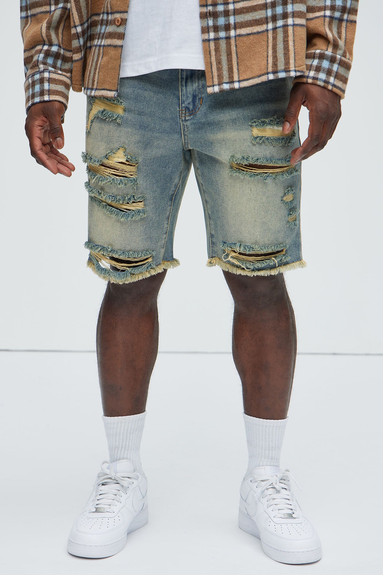 Back To It Distressed Raw Hem Slim Denim Shorts - Vintage Wash