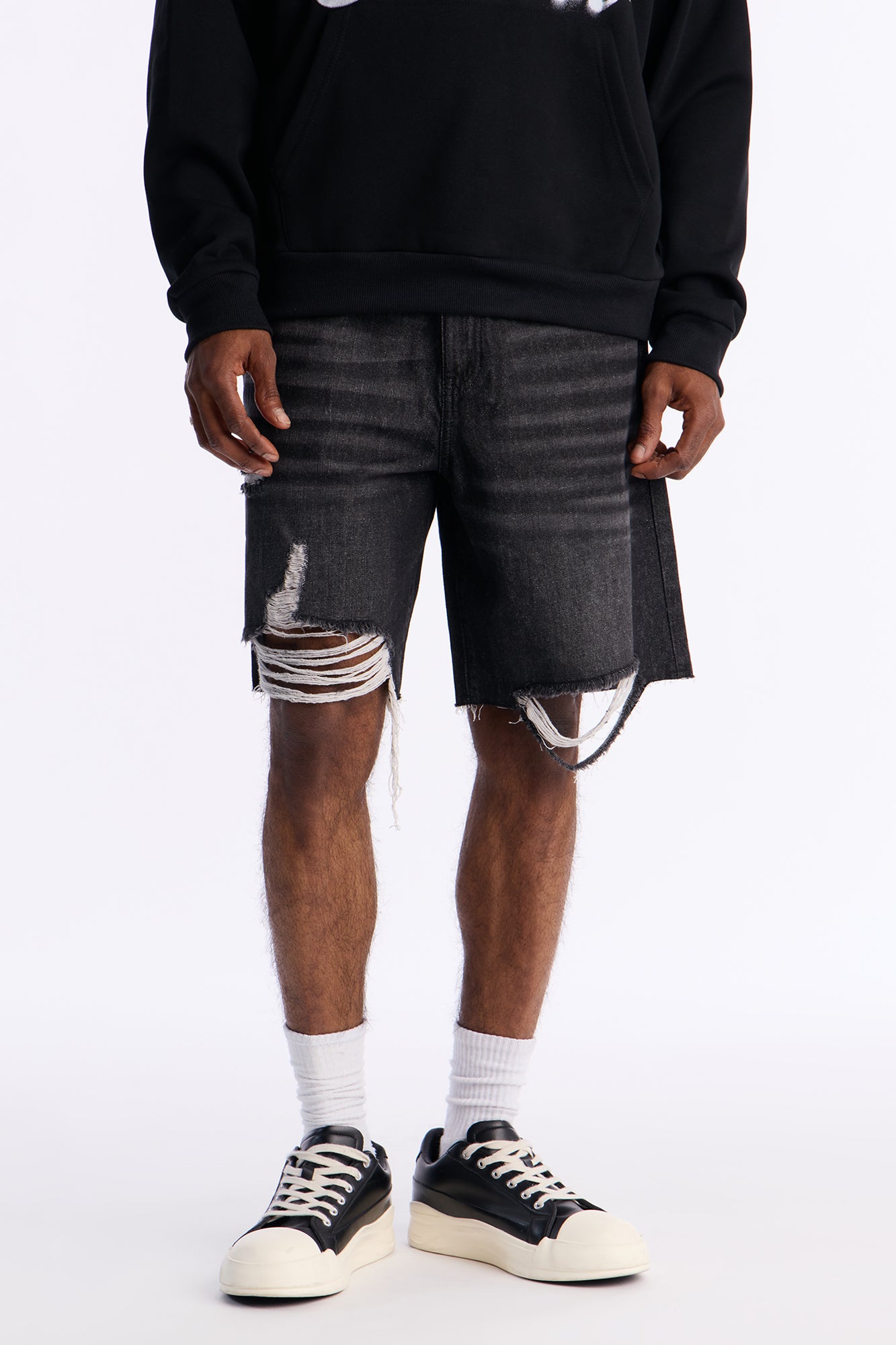 Relaxed Raw Hem Distressed Denim Shorts - Black Wash