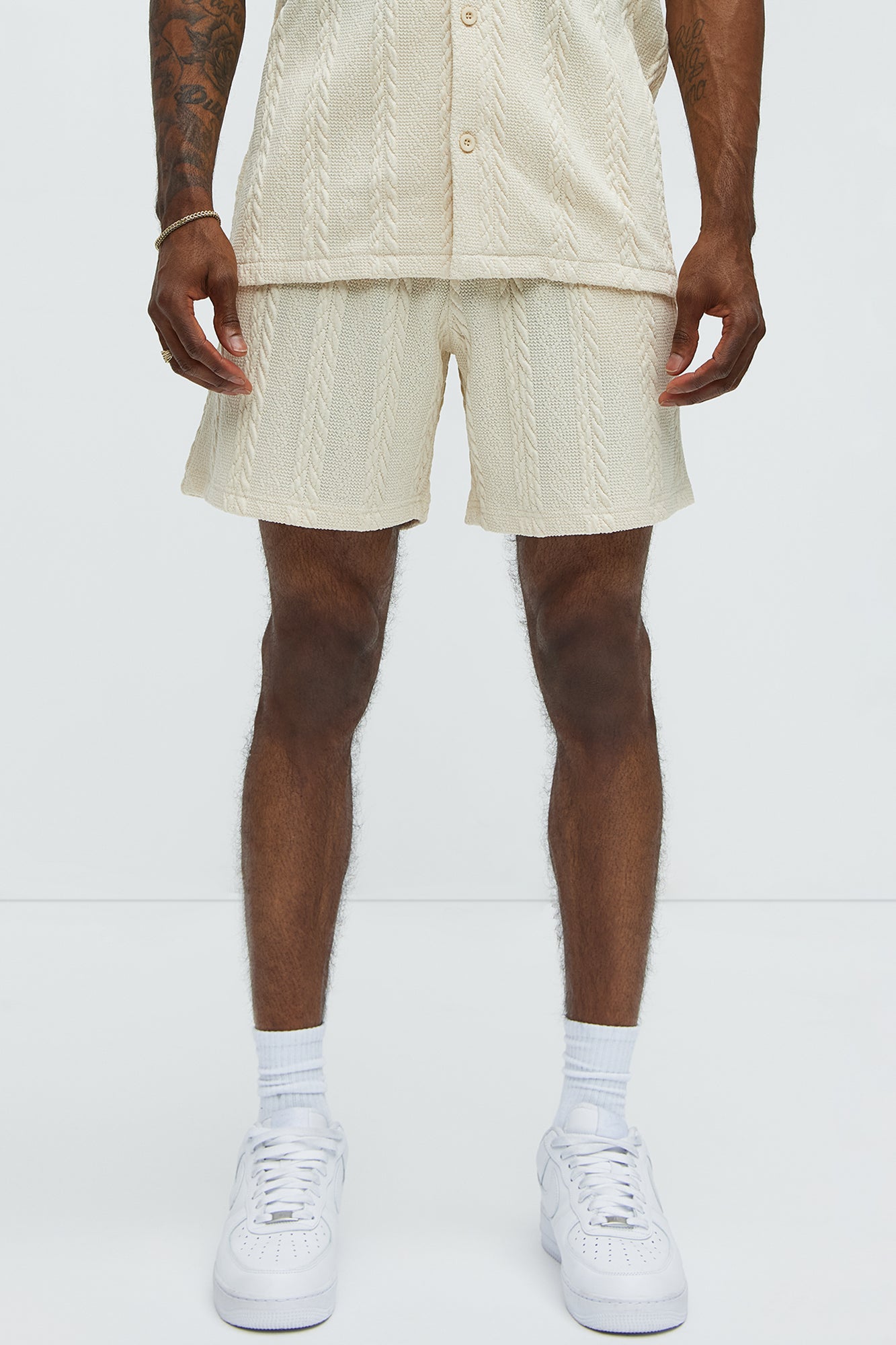 Textured Stripes Relaxed Drawstring Shorts - Cream